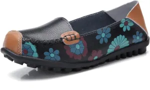 WERWAES Casual Womens Loafers Shoes Cute Floral Print Round Toe Leather Non-Slip Loafers for Women Comfort Outdoor Traveling Walking Flats Shoes