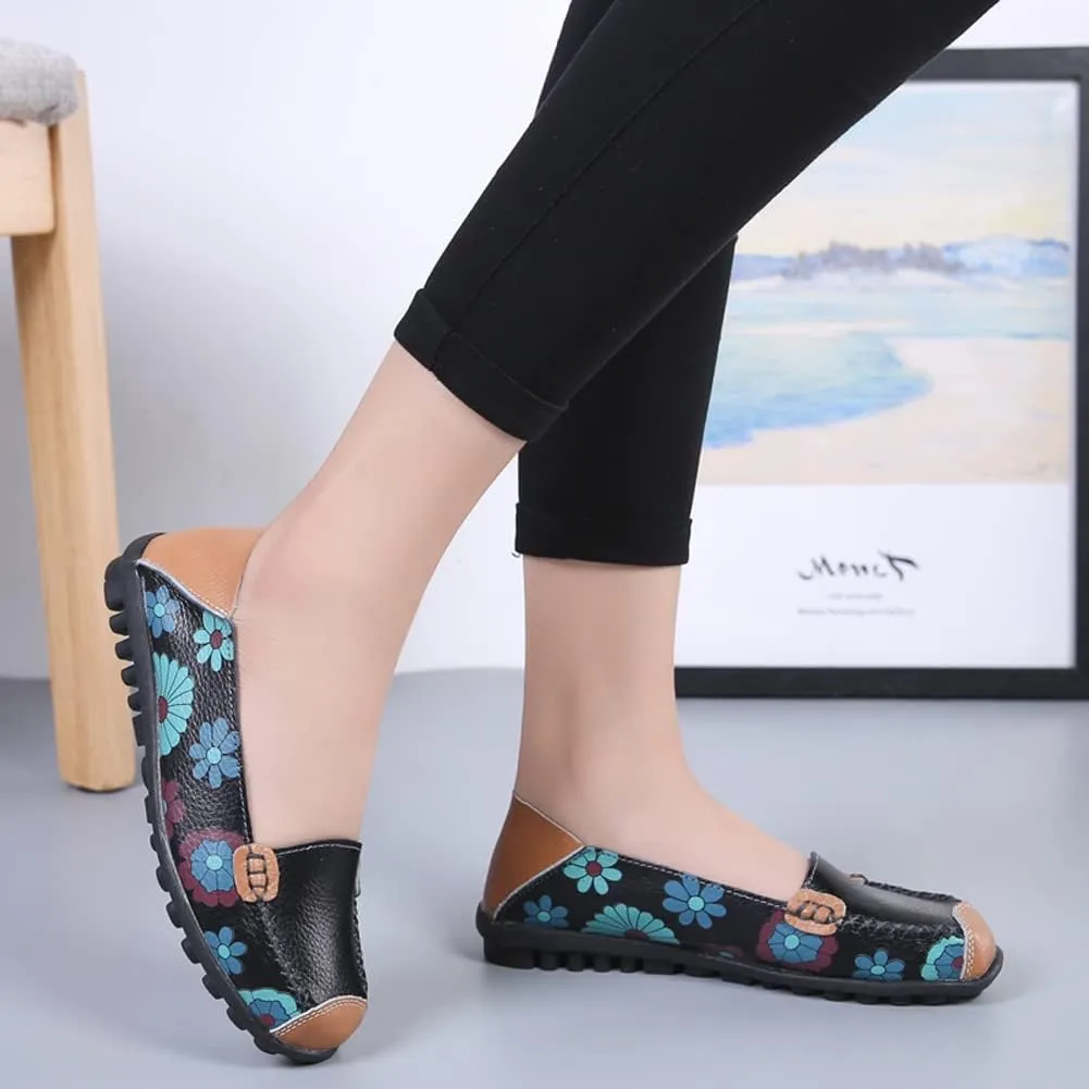 WERWAES Casual Womens Loafers Shoes Cute Floral Print Round Toe Leather Non-Slip Loafers for Women Comfort Outdoor Traveling Walking Flats Shoes