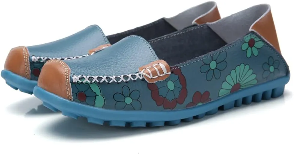 WERWAES Casual Womens Loafers Shoes Cute Floral Print Round Toe Leather Non-Slip Loafers for Women Comfort Outdoor Traveling Walking Flats Shoes