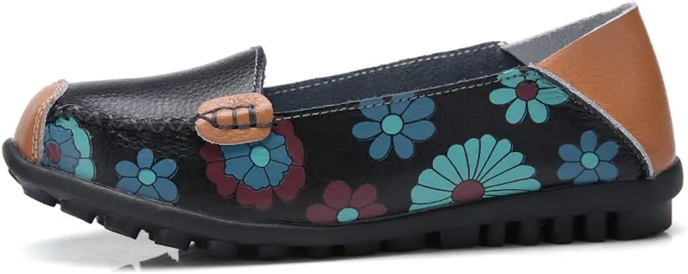 WERWAES Casual Womens Loafers Shoes Cute Floral Print Round Toe Leather Non-Slip Loafers for Women Comfort Outdoor Traveling Walking Flats Shoes