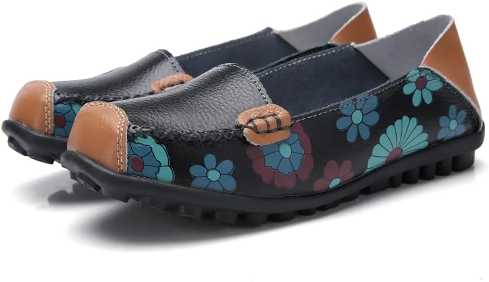WERWAES Casual Womens Loafers Shoes Cute Floral Print Round Toe Leather Non-Slip Loafers for Women Comfort Outdoor Traveling Walking Flats Shoes
