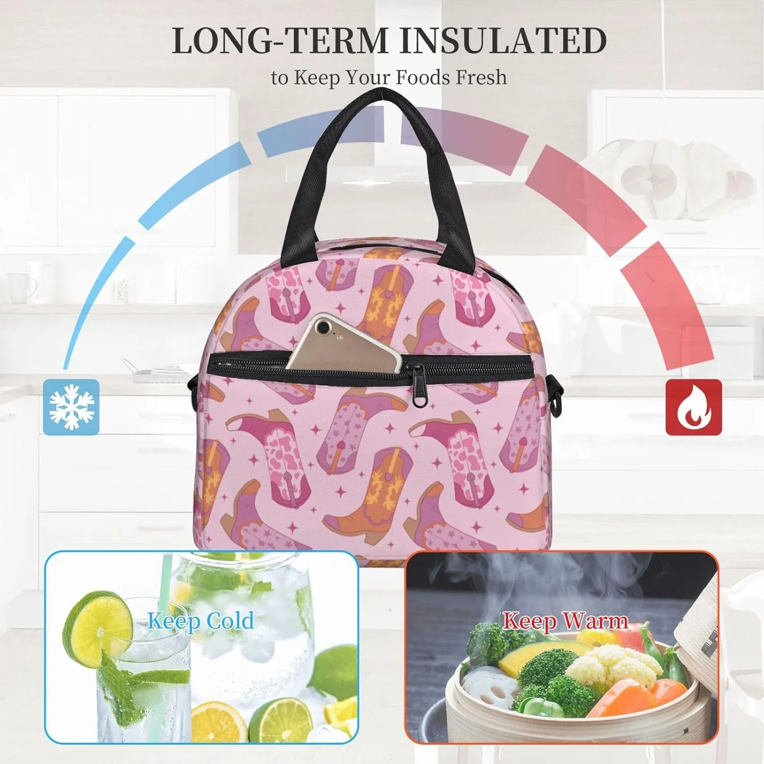 Western Lunch Box for Women Leakproof Cow Print Insulated Lunch Tote Bag for Work/Office/Travel/Picnic (#6-Cowboy Boots)