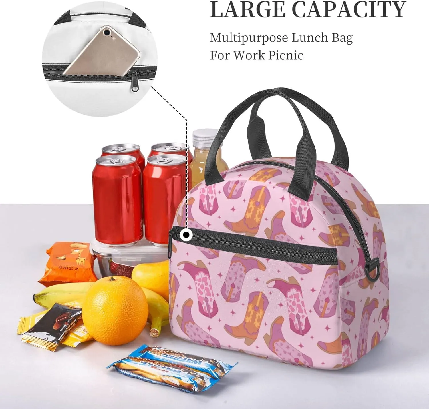 Western Lunch Box for Women Leakproof Cow Print Insulated Lunch Tote Bag for Work/Office/Travel/Picnic (#6-Cowboy Boots)