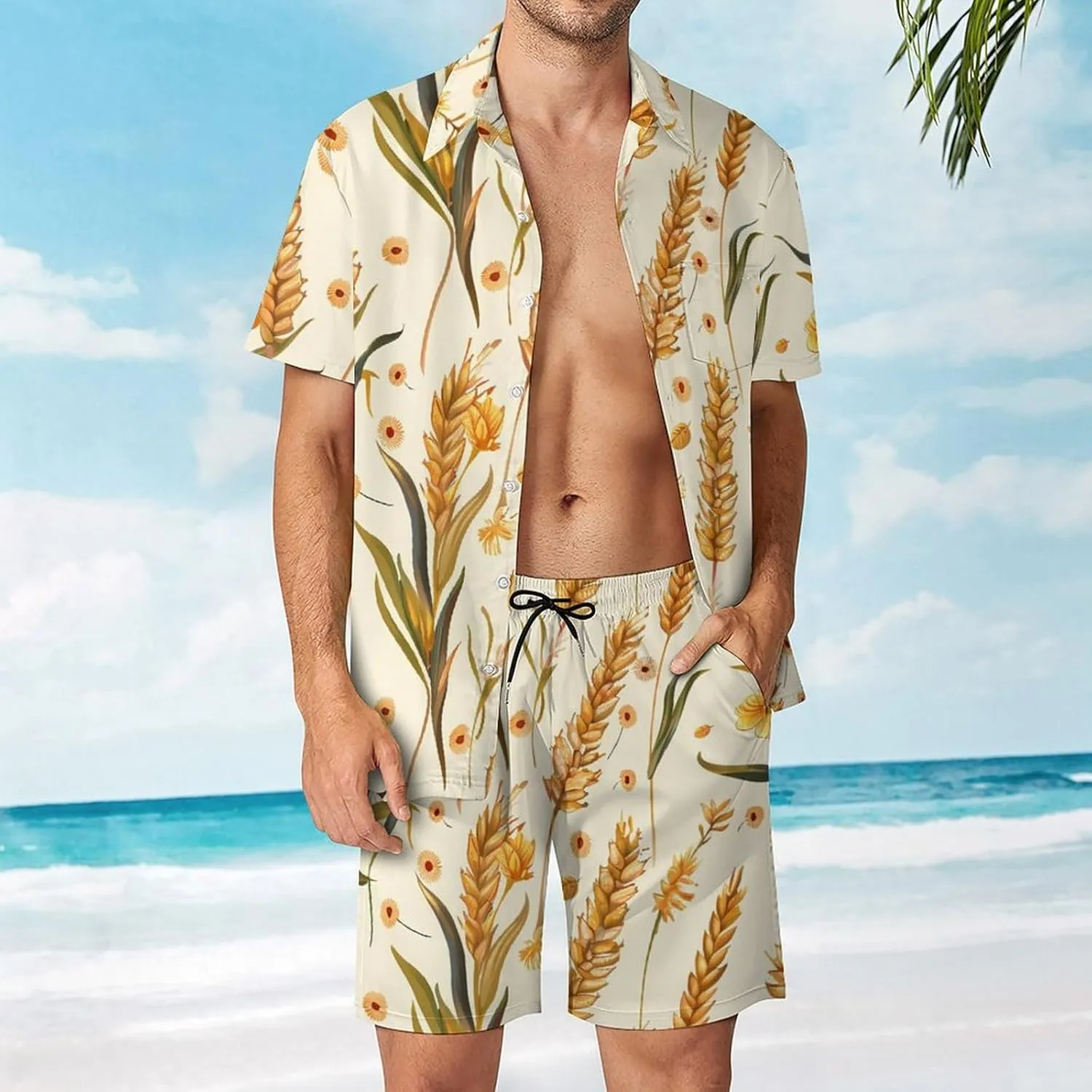 Wheat Pattern Men's Hawaiian Set Casual Short Sleeve Shirt And Shorts Suits Outfits Beach Shirt 2 Piece