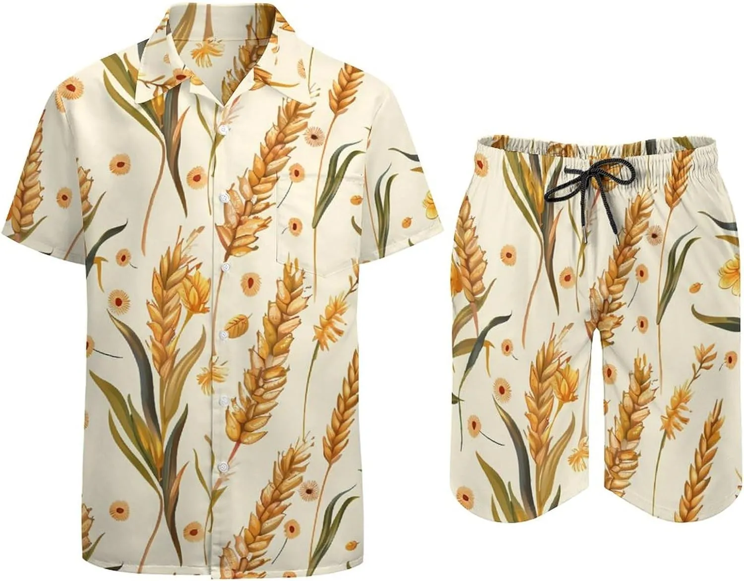 Wheat Pattern Men's Hawaiian Set Casual Short Sleeve Shirt And Shorts Suits Outfits Beach Shirt 2 Piece
