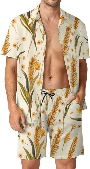 Wheat Pattern Men's Hawaiian Set Casual Short Sleeve Shirt And Shorts Suits Outfits Beach Shirt 2 Piece