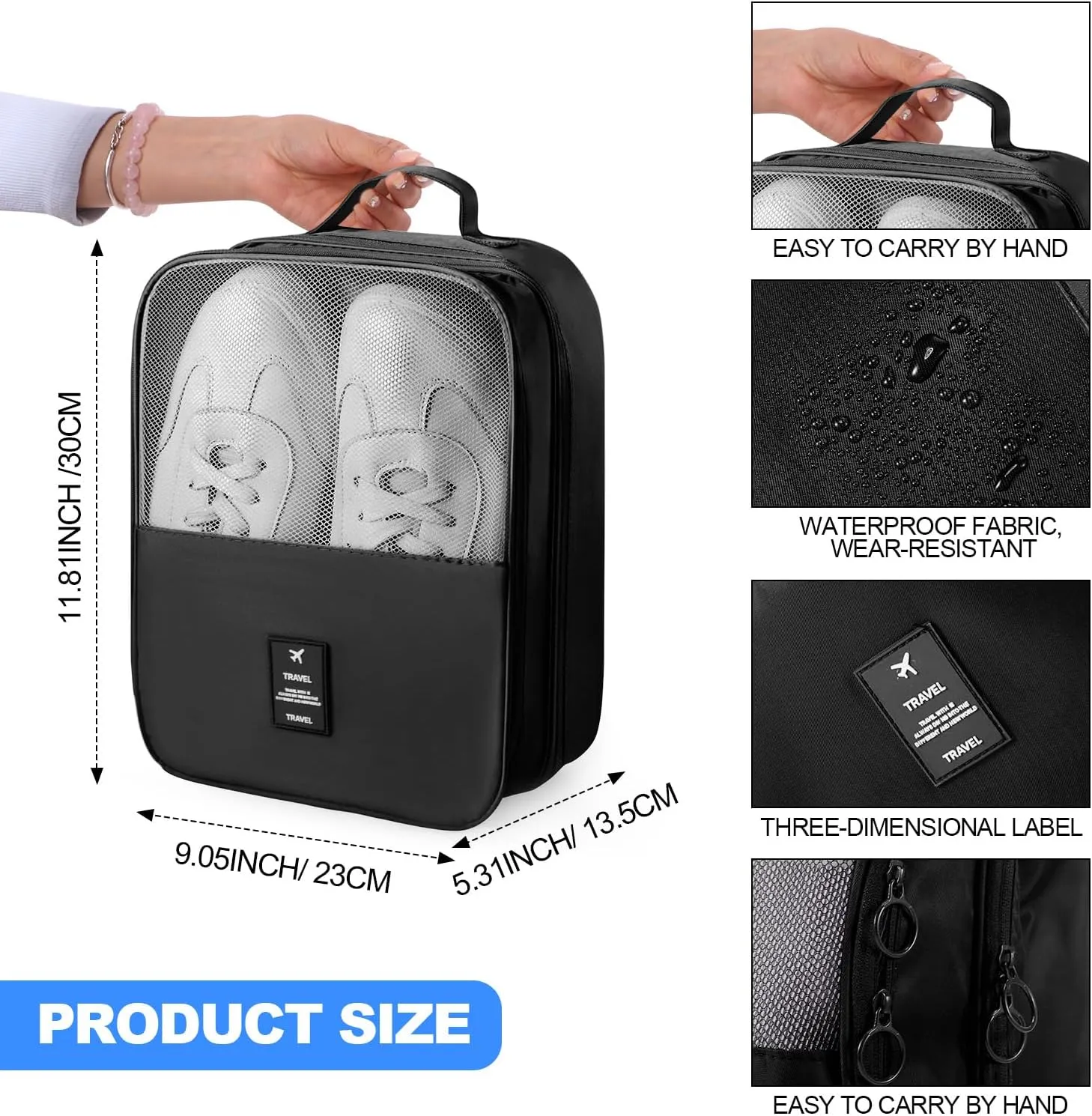Windyun 4 Pcs Shoe Bags for Travel Holds 3 Pair of Shoes Portable Shoe Storage Pouch Waterproof Shoe Packing Cubes with Handle Shoe Organizer Travel for Suitcase Daily Use (Black)