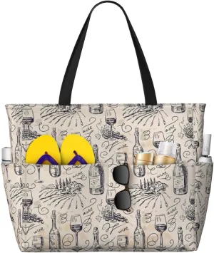 Wine And Winemaking Winery Grape Field Print Large Capacity Beach Travel Bag For Family, Beach Tote Bag For Women With Zipper Pockets