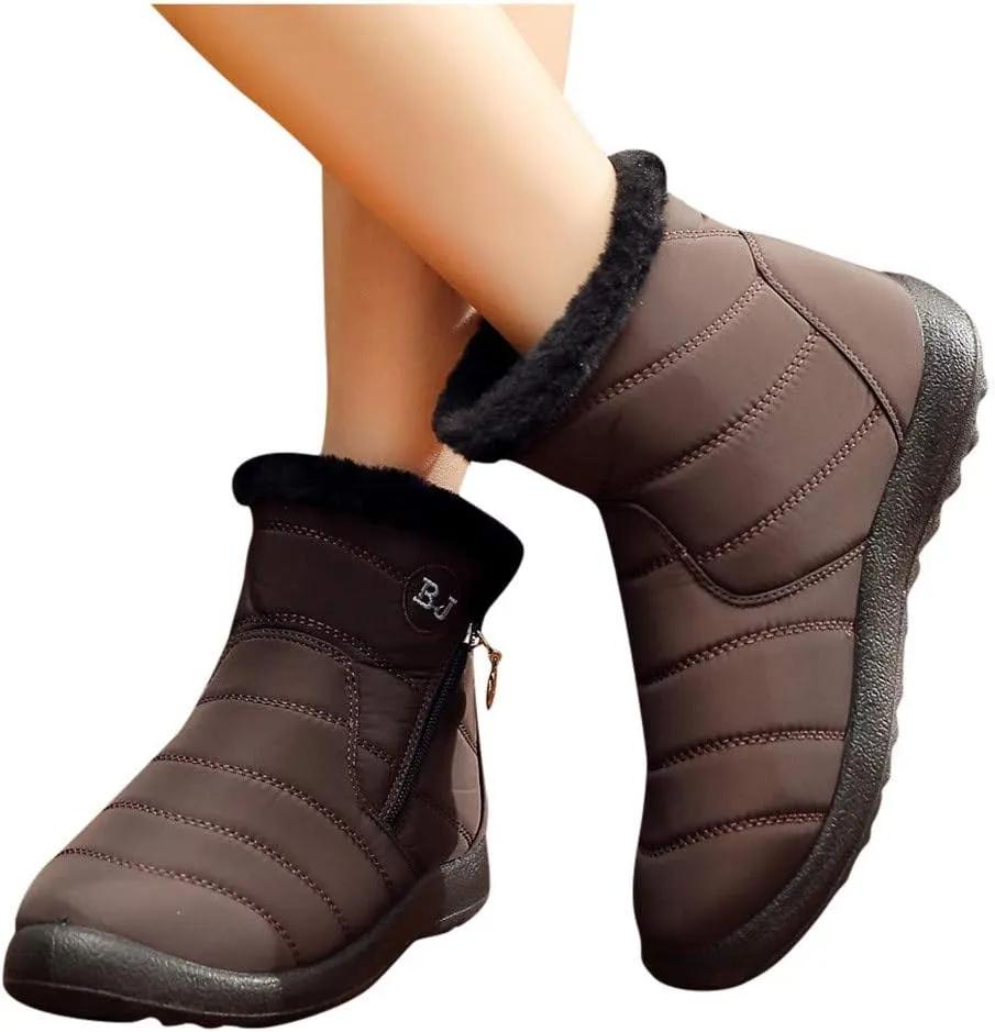 Winter Snow Boots for Women Fleece Lined Warm Ankle Booties Outdoor Anti-slip Water-proof Comfortable Short Boot Fashion Zip Up Booties Sneakers Lightweight Flat and Soft Sole