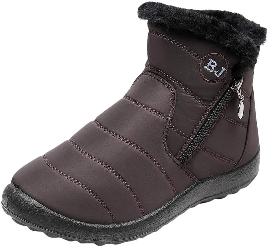Winter Snow Boots for Women Fleece Lined Warm Ankle Booties Outdoor Anti-slip Water-proof Comfortable Short Boot Fashion Zip Up Booties Sneakers Lightweight Flat and Soft Sole