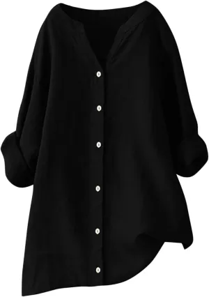 Wkishenl Oversized Cotton Linen Shirt for Women Casual Solid Button Down V-Neck Tops Long Sleeve Loose Fit Blouse Basic Tee