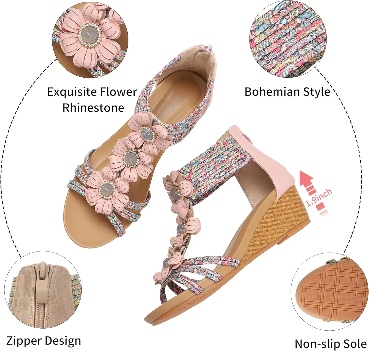 WOJWSKI Wedge Sandals for Women Bohemia Flower Open Toe Gladiator Platform Roman High Heel Casual Summer Dressy Beach Womens Sandals