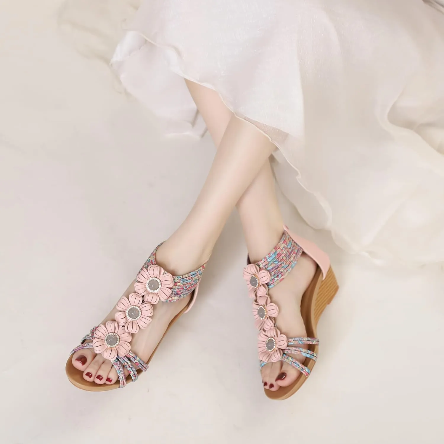 WOJWSKI Wedge Sandals for Women Bohemia Flower Open Toe Gladiator Platform Roman High Heel Casual Summer Dressy Beach Womens Sandals