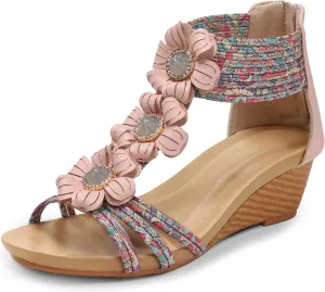 WOJWSKI Wedge Sandals for Women Bohemia Flower Open Toe Gladiator Platform Roman High Heel Casual Summer Dressy Beach Womens Sandals