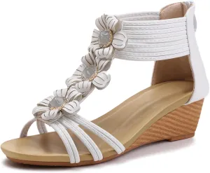 WOJWSKI Wedge Sandals for Women Bohemia Flower Open Toe Gladiator Platform Roman High Heel Casual Summer Dressy Beach Womens Sandals