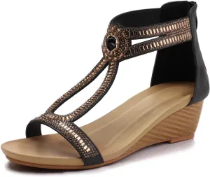WOJWSKI Wedge Sandals for Women Bohemia Rhinestone Open Toe Roman Heel Zipper Summer Dressy Women's Beach Casual Shoes