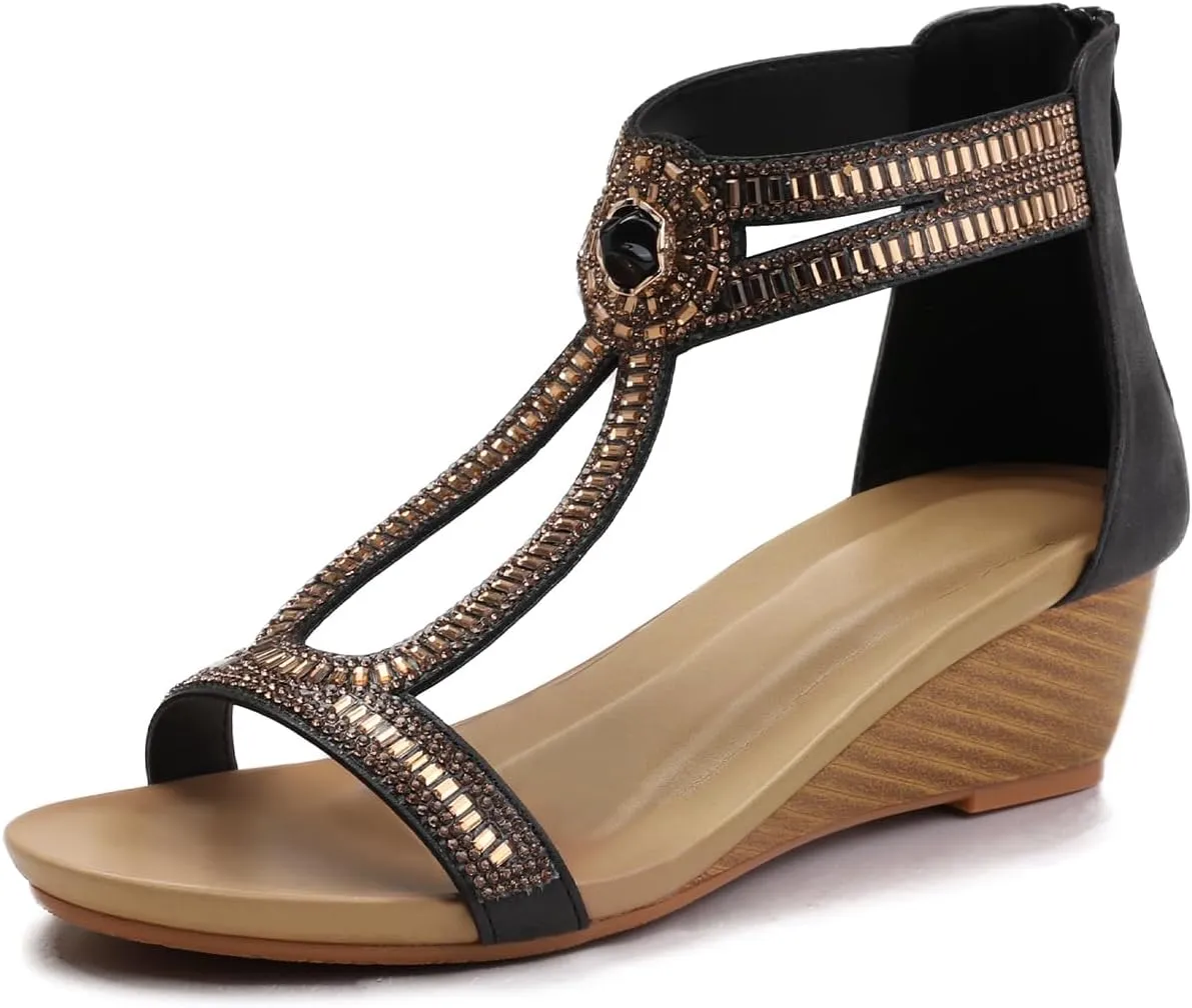 WOJWSKI Wedge Sandals for Women Bohemia Rhinestone Open Toe Roman Heel Zipper Summer Dressy Women's Beach Casual Shoes