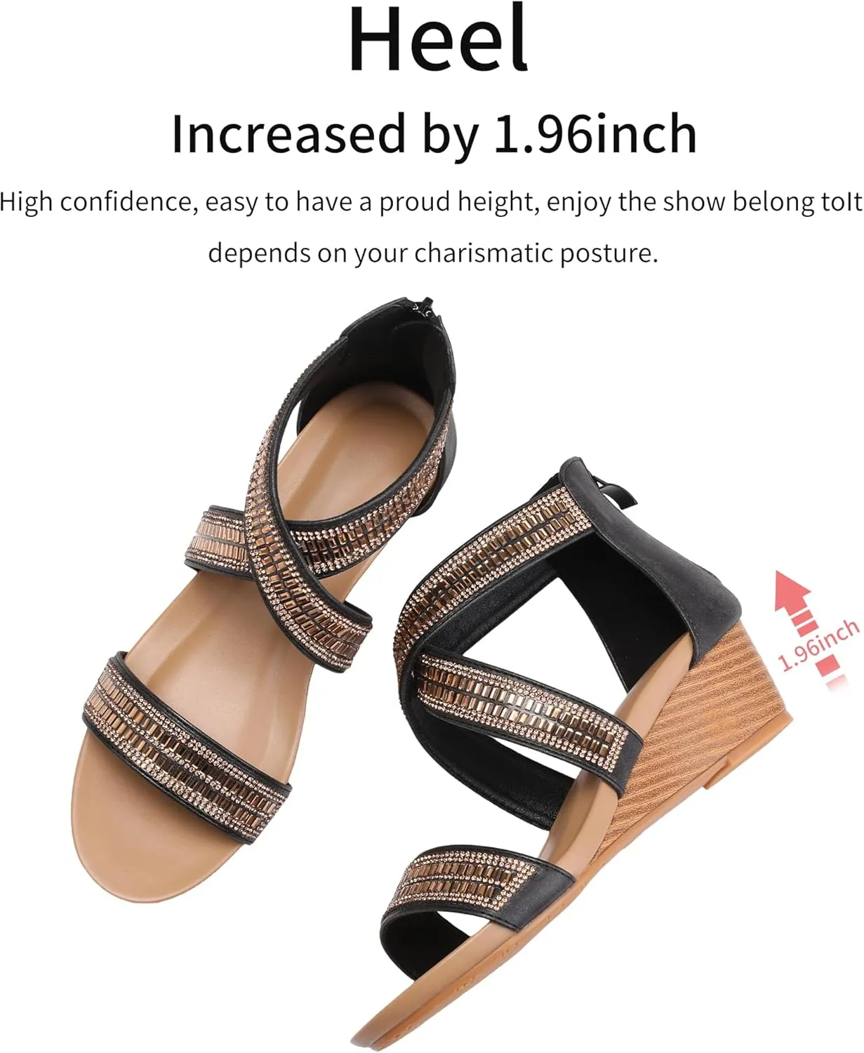 WOJWSKI Wedge Sandals for Women Bohemia Rhinestone Open Toe Roman Heel Zipper Summer Dressy Women's Beach Casual Shoes