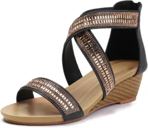 WOJWSKI Wedge Sandals for Women Bohemia Rhinestone Open Toe Roman Heel Zipper Summer Dressy Women's Beach Casual Shoes
