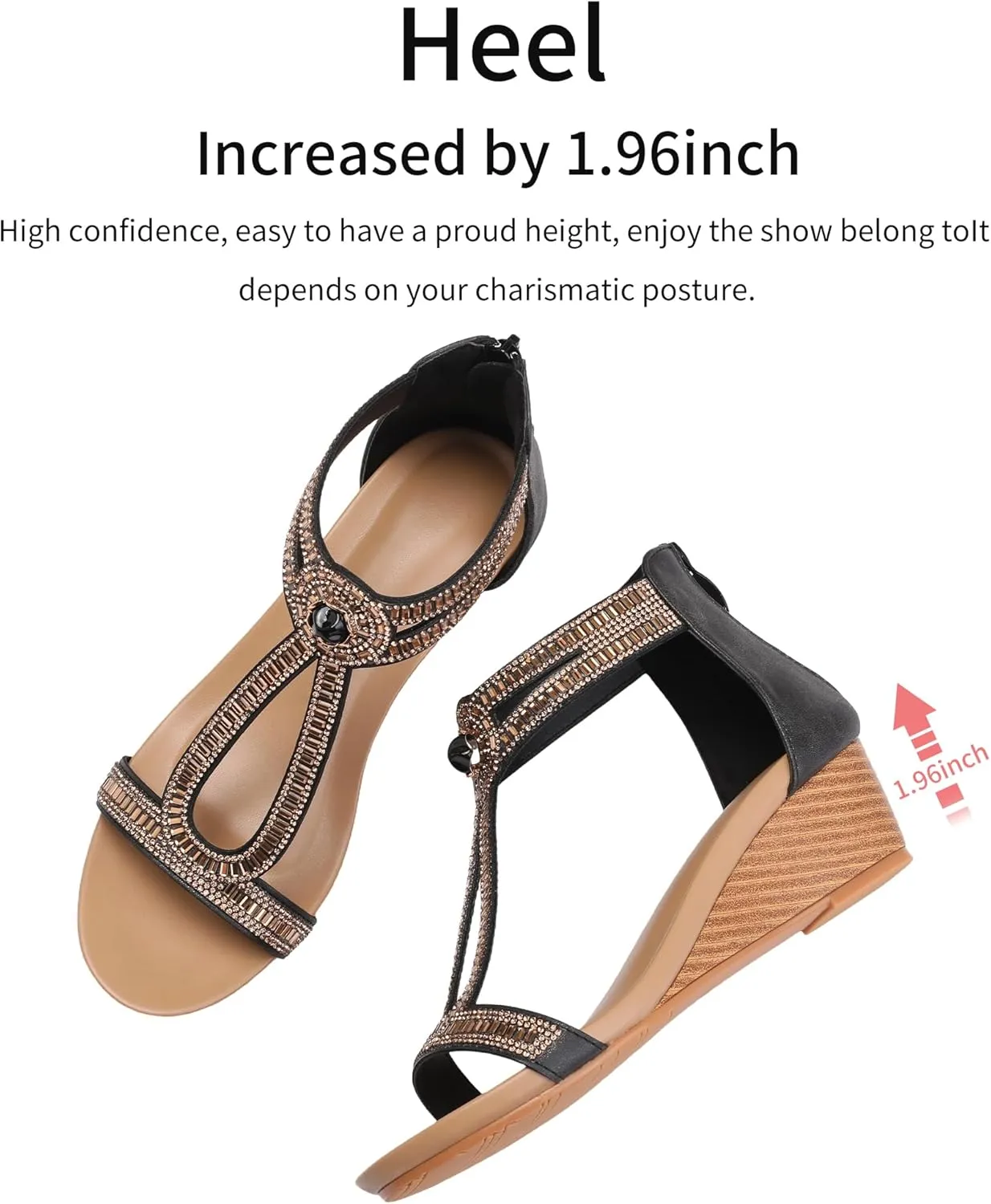 WOJWSKI Wedge Sandals for Women Bohemia Rhinestone Open Toe Roman Heel Zipper Summer Dressy Women's Beach Casual Shoes
