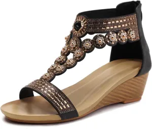 WOJWSKI Wedge Sandals for Women Bohemia Rhinestone Open Toe Roman Heel Zipper Summer Dressy Women's Beach Casual Shoes