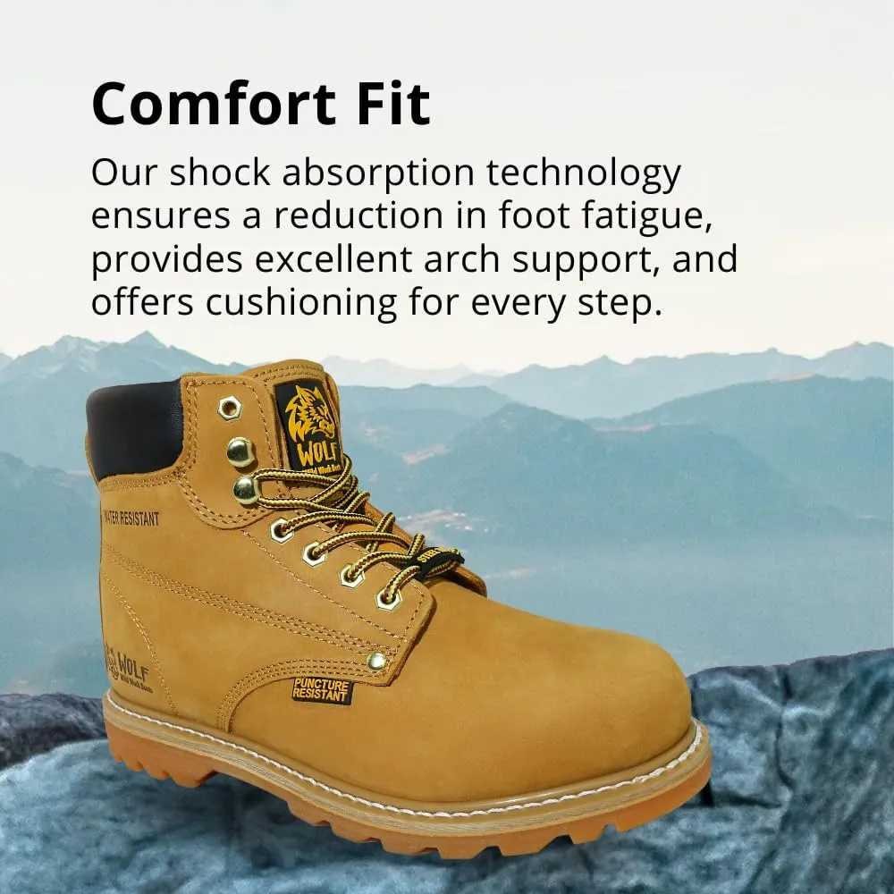 Wolf Work Boot | 100% Genuine Upper Leather | Oil, Heat, Chemical, Impact | Electrical Hazards | Non-Slip Rubber Sole | Tan Nubuck Plain Toe | Padded Collar | Construction | Industrial PPE