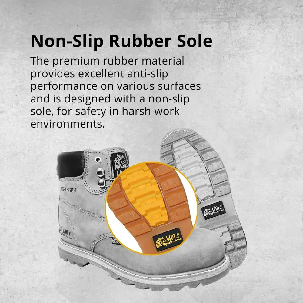 Wolf Work Boot | 100% Genuine Upper Leather | Oil, Heat, Chemical, Impact | Electrical Hazards | Non-Slip Rubber Sole | Tan Nubuck Plain Toe | Padded Collar | Construction | Industrial PPE