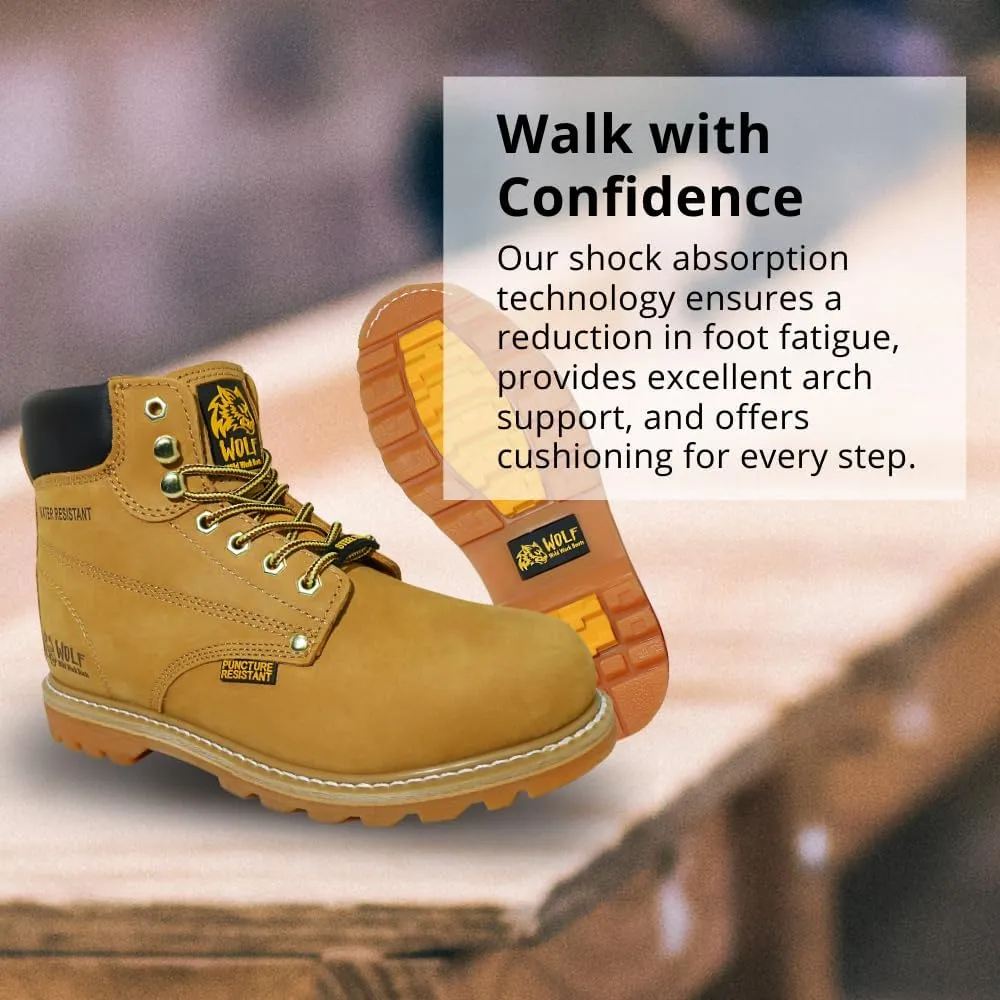 Wolf Work Boot | 100% Genuine Upper Leather | Oil, Heat, Chemical, Impact | Electrical Hazards | Non-Slip Rubber Sole | Tan Nubuck Plain Toe | Padded Collar | Construction | Industrial PPE