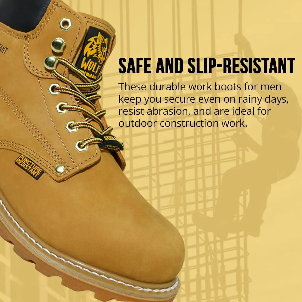 Wolf Work Boot | 100% Genuine Upper Leather | Oil, Heat, Chemical, Impact | Electrical Hazards | Non-Slip Rubber Sole | Tan Nubuck Plain Toe | Padded Collar | Construction | Industrial PPE
