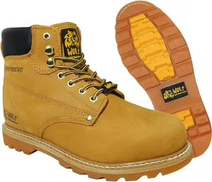 Wolf Work Boot | 100% Genuine Upper Leather | Oil, Heat, Chemical, Impact | Electrical Hazards | Non-Slip Rubber Sole | Tan Nubuck Plain Toe | Padded Collar | Construction | Industrial PPE