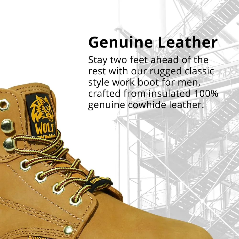 Wolf Work Boot | 100% Genuine Upper Leather | Oil, Heat, Chemical, Impact | Electrical Hazards | Non-Slip Rubber Sole | Tan Nubuck Plain Toe | Padded Collar | Construction | Industrial PPE
