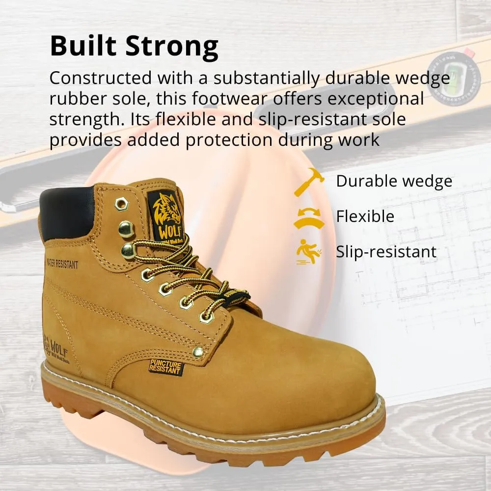 Wolf Work Boot | 100% Genuine Upper Leather | Oil, Heat, Chemical, Impact | Electrical Hazards | Non-Slip Rubber Sole | Tan Nubuck Plain Toe | Padded Collar | Construction | Industrial PPE