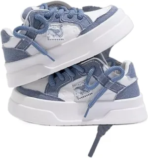 Women & Girls' Denim Canvas Lace-Up Sneakers - Retro Y2K Kawaii Low-Top Cute Shoes with Rubber Sole, Chunky Design for Beach Travel & Back to School, Comfy Streetwear, Vintage-Modern Aesthetic