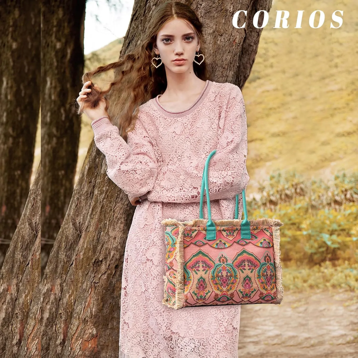 Women Canvas Handbag Ethnic Style Tote Bag Retro Shoulder Bag with Tassels Summer Beach Bag Bohemian Top Handle Bag