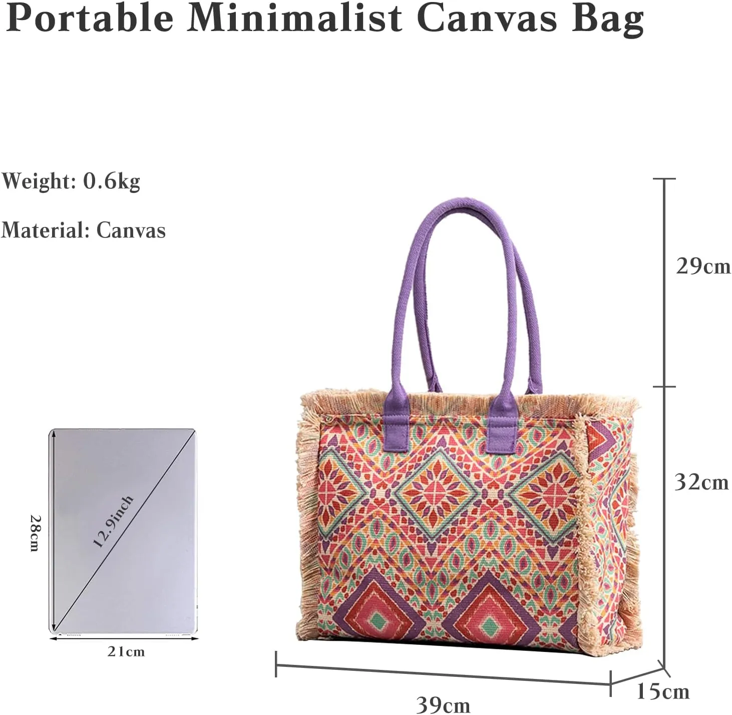 Women Canvas Handbag Ethnic Style Tote Bag Retro Shoulder Bag with Tassels Summer Beach Bag Bohemian Top Handle Bag