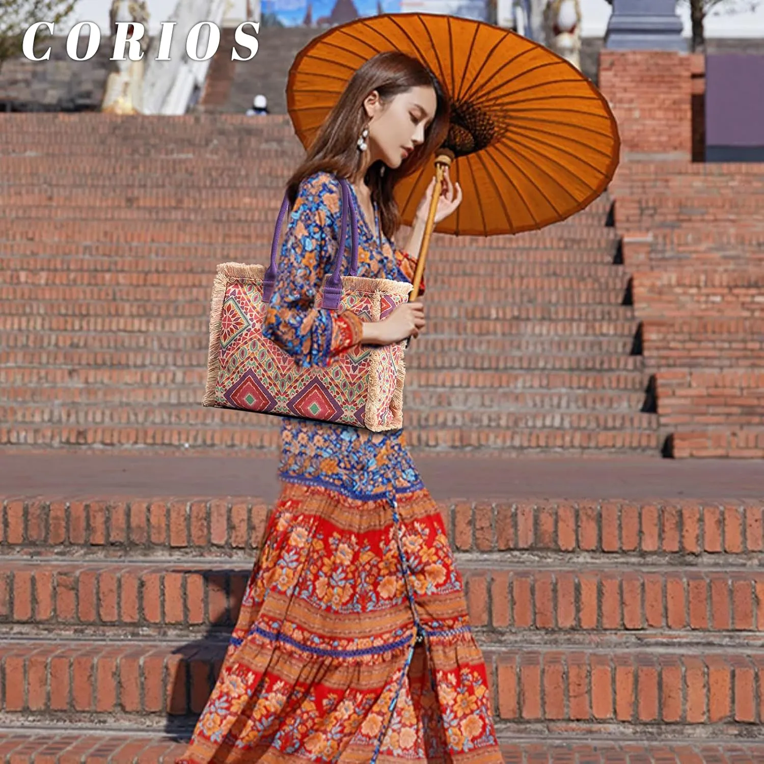 Women Canvas Handbag Ethnic Style Tote Bag Retro Shoulder Bag with Tassels Summer Beach Bag Bohemian Top Handle Bag