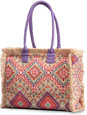 Women Canvas Handbag Ethnic Style Tote Bag Retro Shoulder Bag with Tassels Summer Beach Bag Bohemian Top Handle Bag