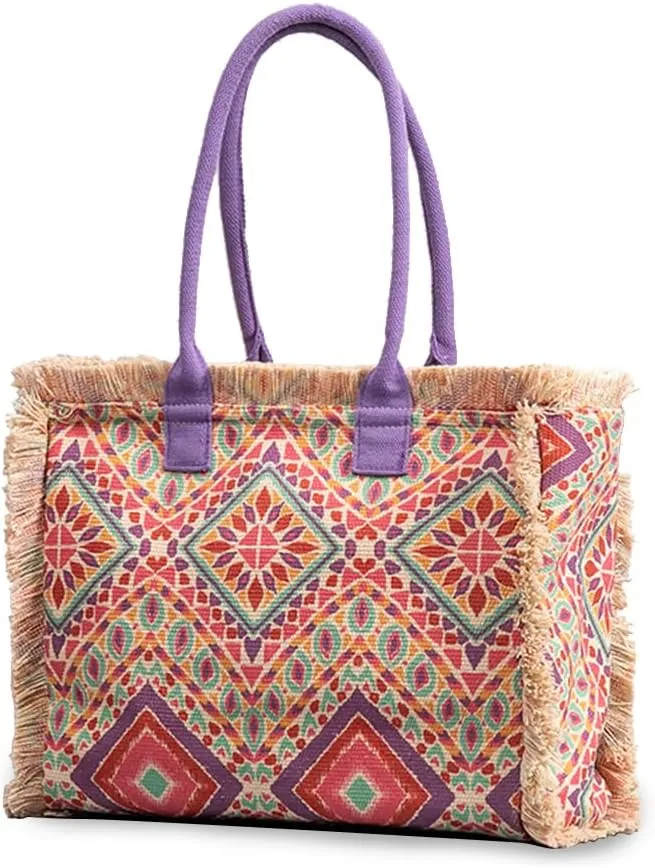 Women Canvas Handbag Ethnic Style Tote Bag Retro Shoulder Bag with Tassels Summer Beach Bag Bohemian Top Handle Bag