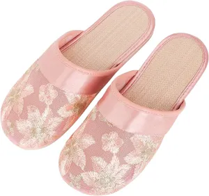 Women Embroidered Slippers Closed Toe Indoor Slipper Ladies Vintage Floral Sandals Mesh Flat Shoes Portable Non-slip Slides