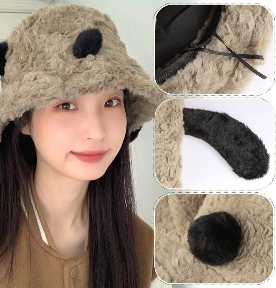 Women Faux Fur Bucket Hat Furry Fisherman Cap Winter Warm Dog Ear Hat Outdoor Thick Windproof Fuzzy Cap