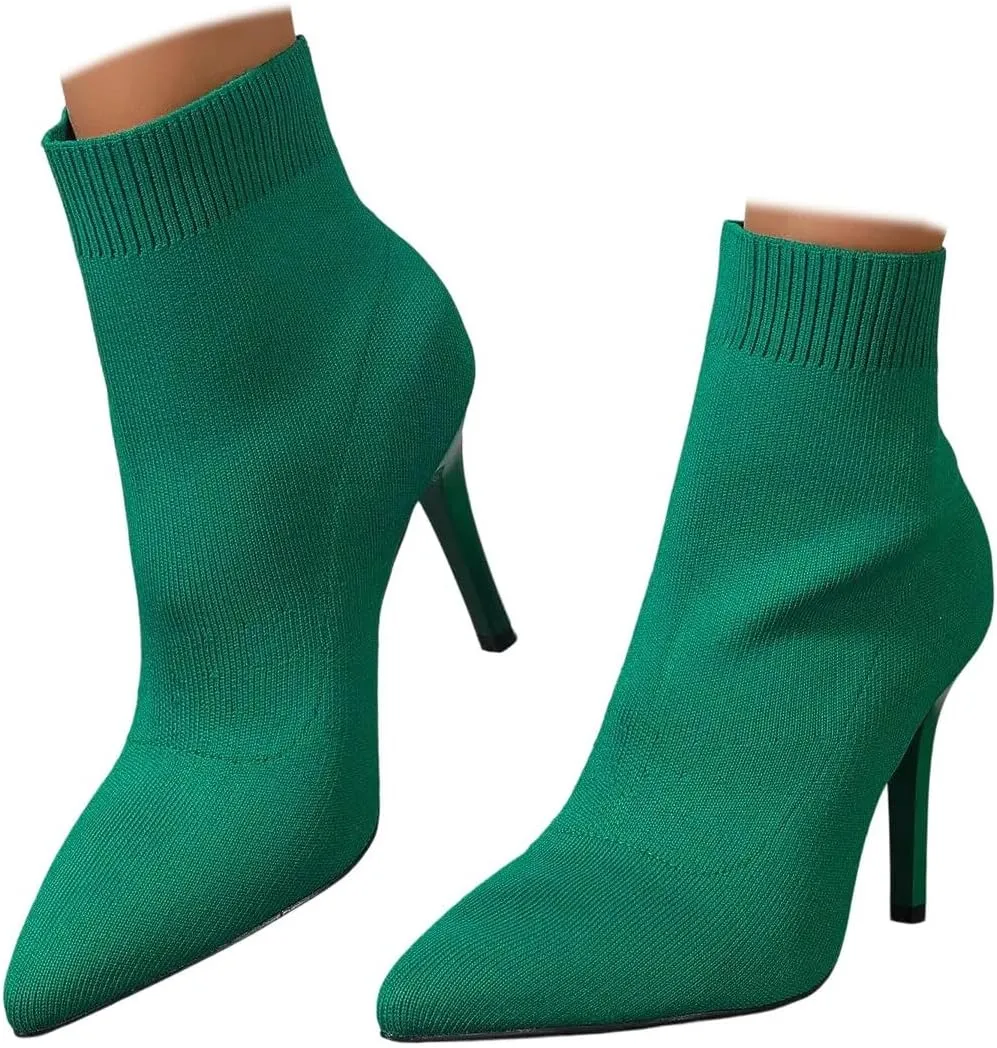 Women Knitted Boots Stretch Sock Ankle Boots Pointed Toe Booties Stiletto High Heel Pull On Ankle Booties