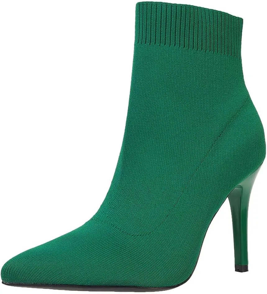 Women Knitted Boots Stretch Sock Ankle Boots Pointed Toe Booties Stiletto High Heel Pull On Ankle Booties