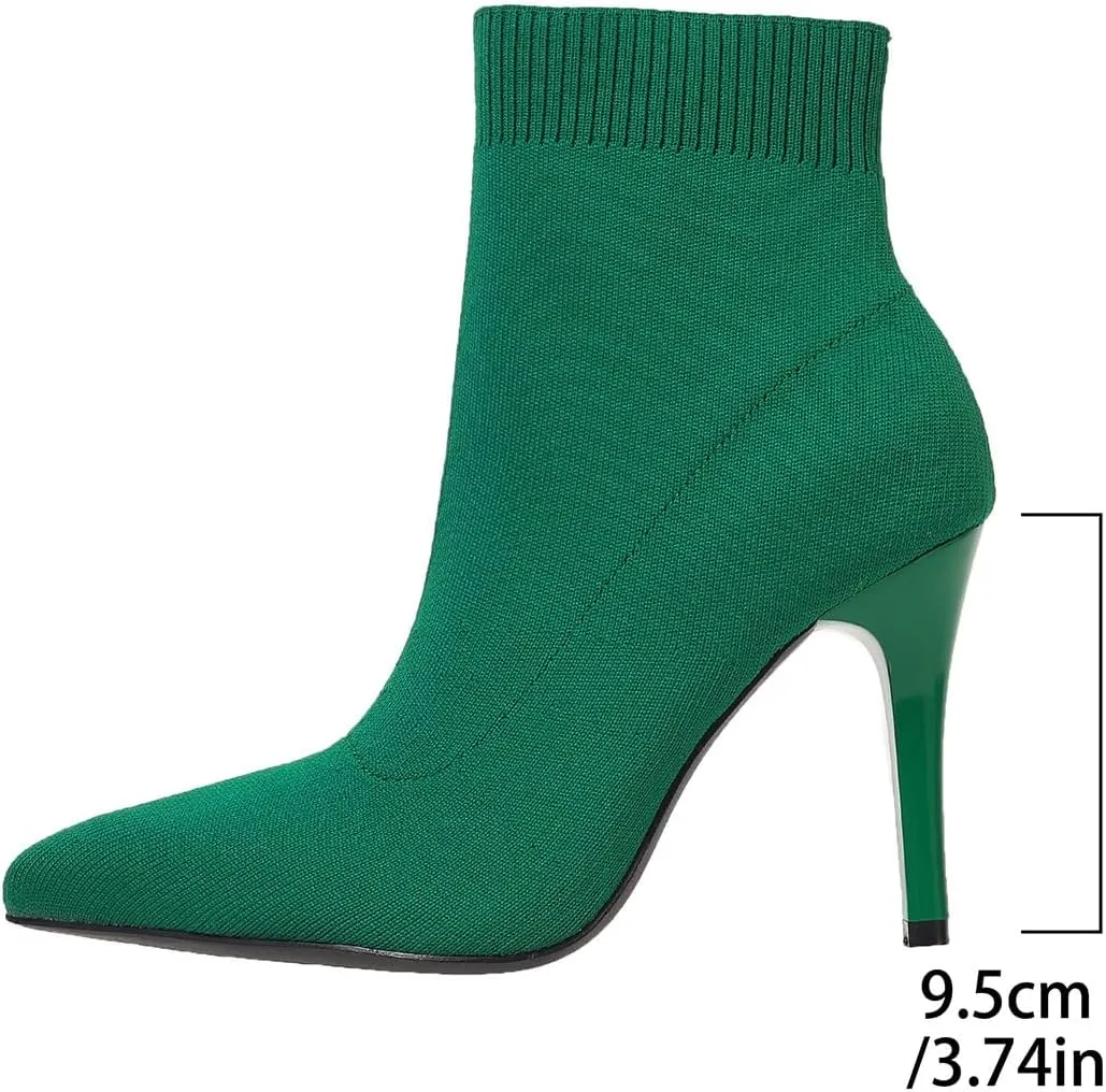 Women Knitted Boots Stretch Sock Ankle Boots Pointed Toe Booties Stiletto High Heel Pull On Ankle Booties