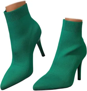 Women Knitted Boots Stretch Sock Ankle Boots Pointed Toe Booties Stiletto High Heel Pull On Ankle Booties