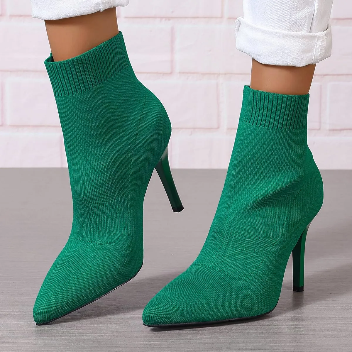Women Knitted Boots Stretch Sock Ankle Boots Pointed Toe Booties Stiletto High Heel Pull On Ankle Booties