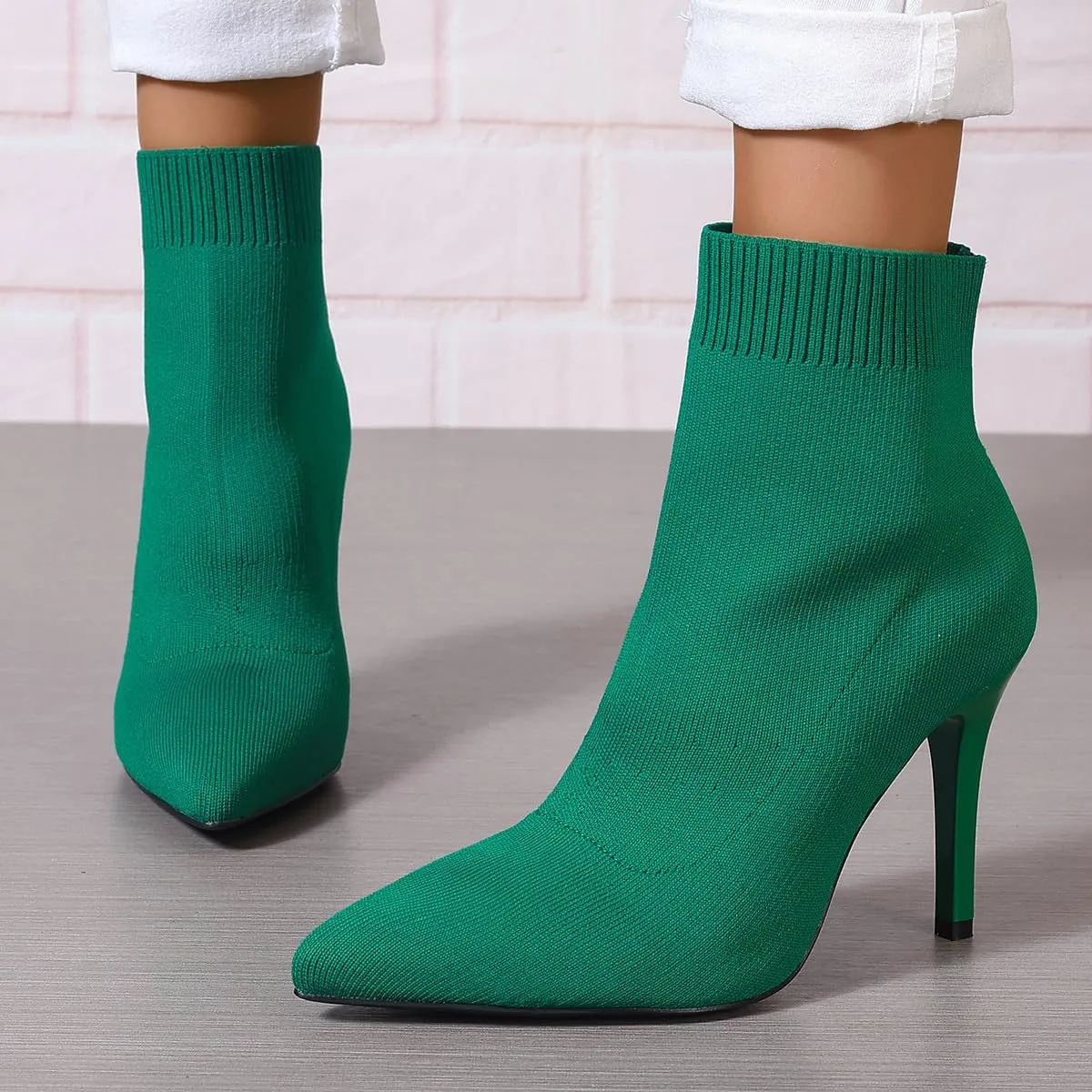 Women Knitted Boots Stretch Sock Ankle Boots Pointed Toe Booties Stiletto High Heel Pull On Ankle Booties