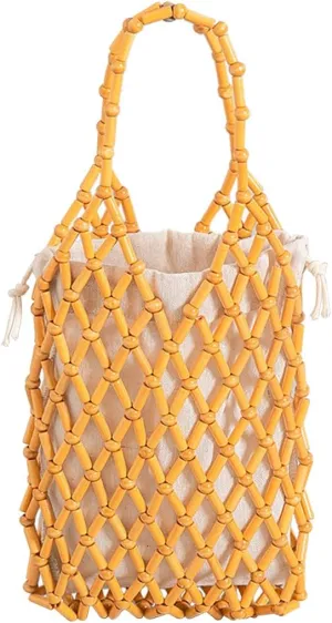 Women Mini Tote Bag Handmade Woven Bucket Bag Drawstring Handbag Summer Beach Bag Bohemian Clutch Bag Top-handle Bag
