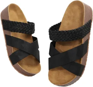 Women Sandals Beach Sandals PU Leather Slip-On Rubber Sole Thick Bottom Braided Cross Casual Solid Color Slippers Summer Platform Plus Size Slides