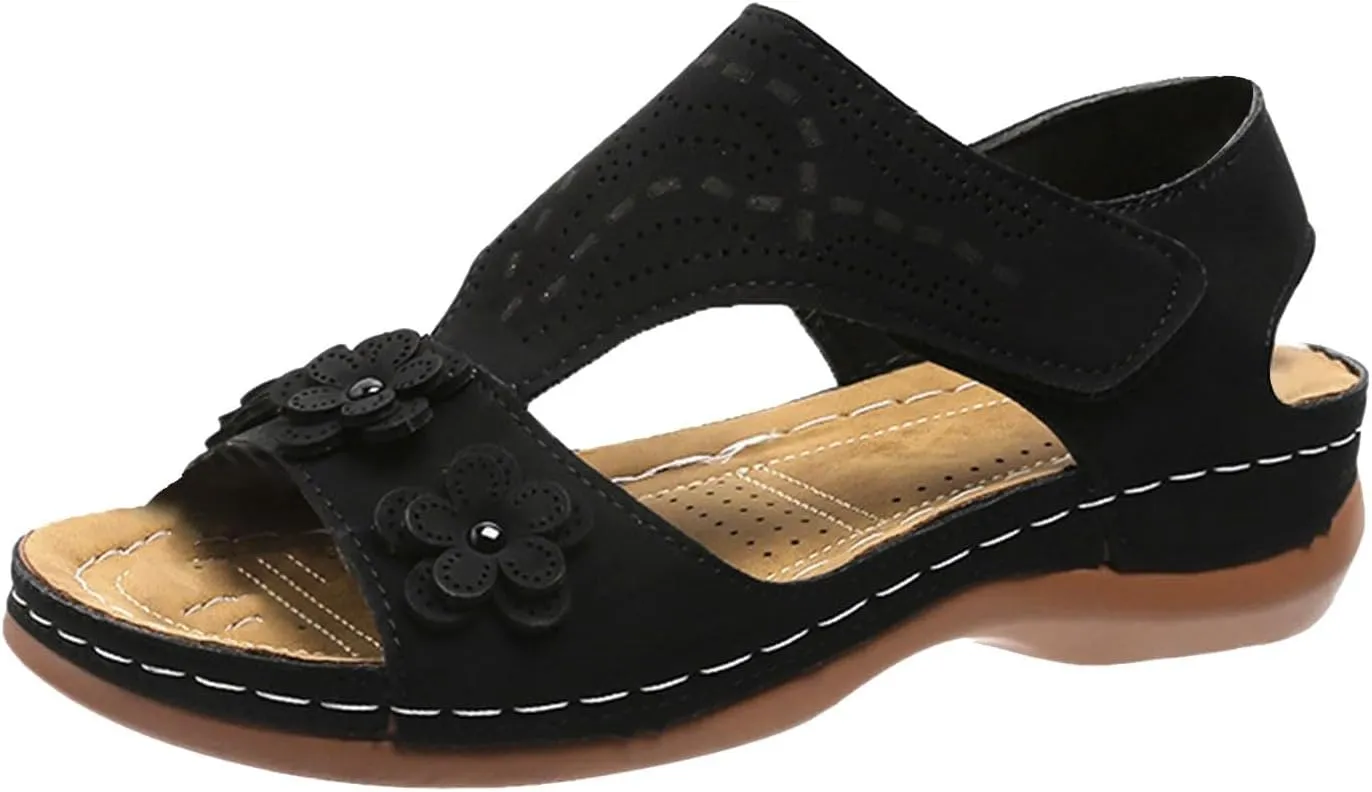Women Sandals Summer Large Retro Casual Flower Slope Heel Beach Lightweight Fashionable Solid Color Shoes Slides