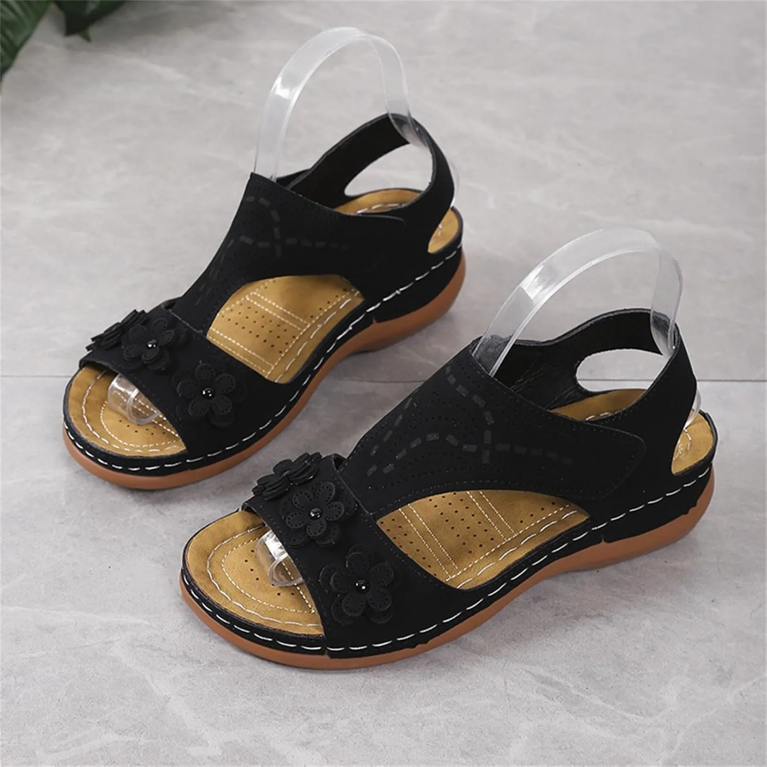 Women Sandals Summer Large Retro Casual Flower Slope Heel Beach Lightweight Fashionable Solid Color Shoes Slides